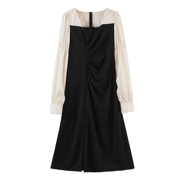 

bbwm spring french elegant midi dress women square collor puffer sleeve vintage dress female sweet party dress 210520, Black;gray