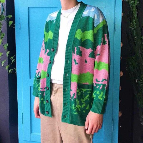 

autumn winter golf wang lanscape cardigan le fleur streetwear knit sweater coat green men/women tyler the creator jacket 210930, White;black