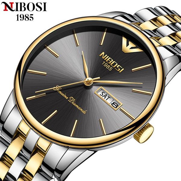 

wristwatches nibosi watches mens luxury stainless steel waterproof analog quartz watch with chronograph business dress wristwatch reloj homb, Slivery;brown