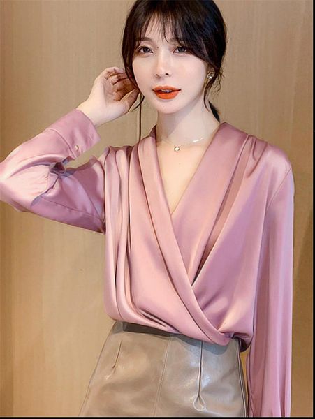 

satin design clothing spring women shirts long sleeve chiffon korean office fashion cross v neck blouse f2732, White