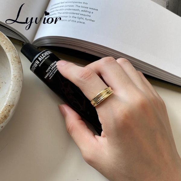 

cluster rings lyvior 925 sterling silver ring minimalist double-layer line stacking wedding band gold vermeil fine for women daily wear, Golden;silver