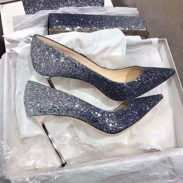 

dress shoes concise sequin crystal wedding shiny bling runway party women pumps leather luxury designer super heels, Black