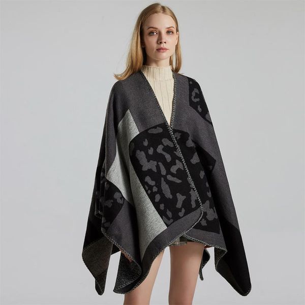 

arrival fashion comfortable elegant leopard print scarf winter vintage thick warm two sides knit poncho scarves, Blue;gray
