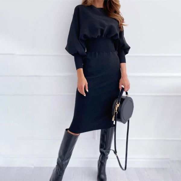 

casual dresses autumn christmas for women 2021 solid color lantern sleeve elastic waist tight knitted sheath dress, Black;gray