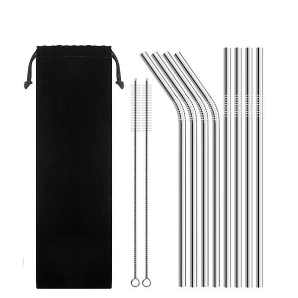 

drinking straws metal straw reusable stainless steel bag 8pcs + 2pcs brushs 1pcs