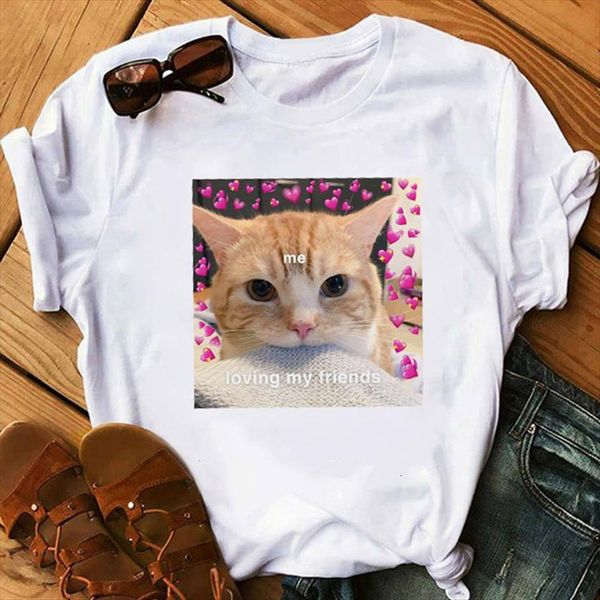 

korea ulzzang cat loves women animal dog print cute summer short sleeve tees casual loose big size fun spoof, White