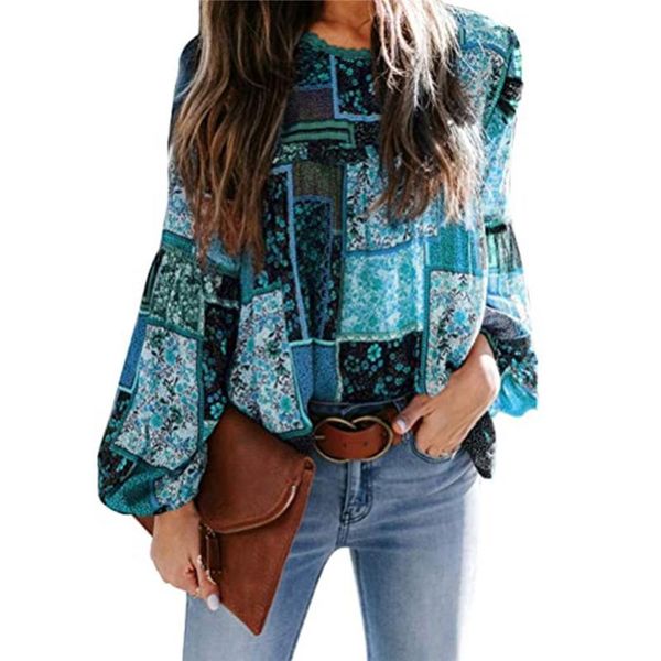 

boho women printed pattern patchwork shirts blouse round neck lantern sleeve retro loose women's blouses &, White