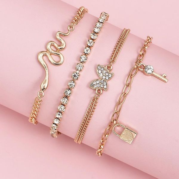 

link, chain fashion butterfly rhinestone key lock 4 piece combination set bracelet for weman bohemia beach holiday jewelry, Black