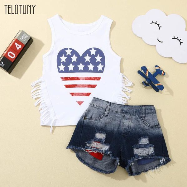 

clothing sets girls outfits sleeveless independence day star stripe heart-shaped print tassel 4th-of-july tassels +shredded denim shorts, White