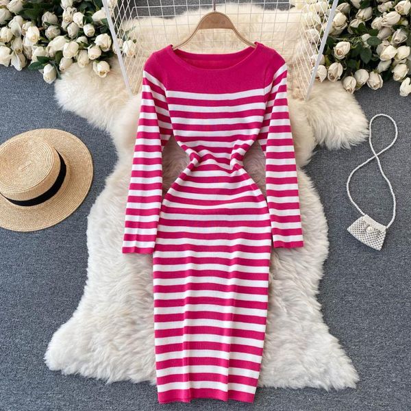 

casual dresses o neck women knitting striped autumn winter korean robe femme stretchable elegant bodycon sweater dress, Black;gray