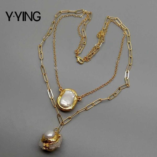 Y ﾷ ying quarzo bianco perlato coltivato brulzy ghrham gold color strati strati di catena collana 17.5 