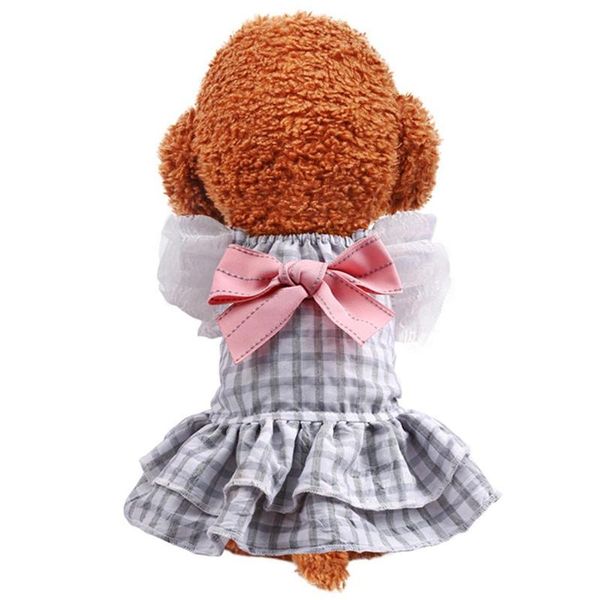 

cat spring and summer cute flying sleeves gray grid bow skirt pet clothes costumes