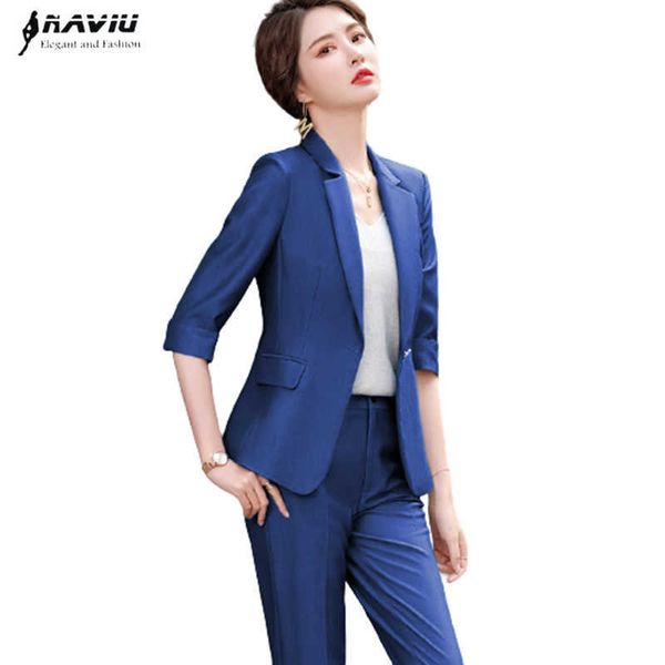 Летний синий костюм мода вскользь темперамент половина рукава пиджака и брюки офисные дамы бизнес формальная одежда 210604