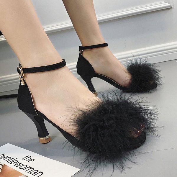 

dress shoes velvet high heel sandal for women suede high-heeled rubber fabric flock rome slides pu hoof, Black