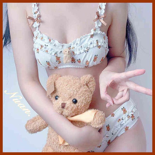 Nxy sexy set mulheres algodão lingerie meninas sutiã sutiã conjunto fino respirável macio japonês lolita bonito desenho animado urso de pelúcia underwear bra 1202