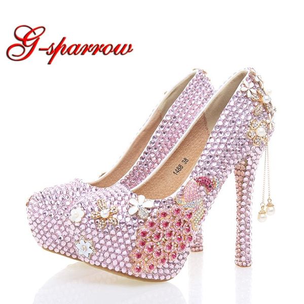 

pink rhinestone bride shoes phoenix wedding party thin heel handmade banquet pumps women high heels mother of dress, Black