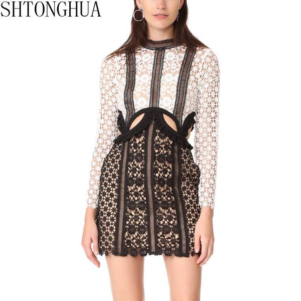 

casual dresses shtonghua summer self portrait dress 2021 runway women long sleeve lace patchwork dew waist hollow out bodycon mini party, Black;gray