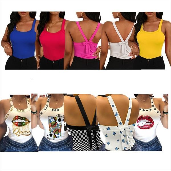 

casual thick strap womens camis backless bowknot design sporty u neck letter poker print grid glittering lip queen, White