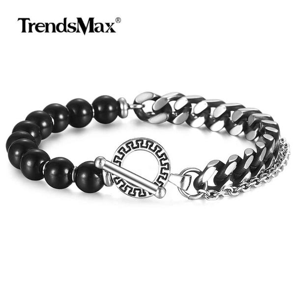 

unique natural glass beads cuban link chain bracelet for mens womens stainless steel small cable wristband 8-10inch tbx009 link,, Black