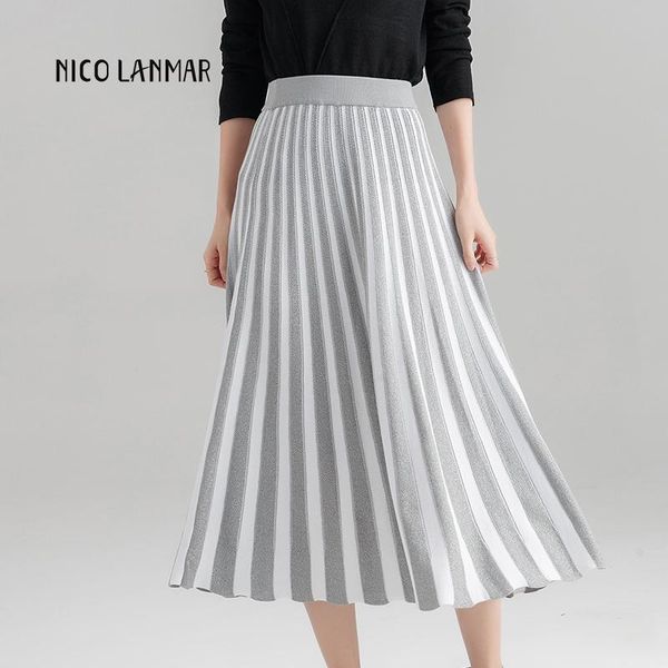 

skirts 2021 autumn fashion women's high waist pleated solid color half length elastic lady skirt polyester women casual long, Black