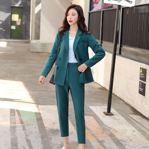 

women's suits & blazers suit 2021 autumn temperament casual fashion slim slimming solid color double-breasted small trousers two-piece, White;black