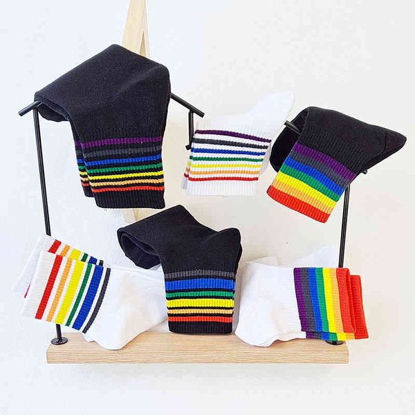 

socks children's medium tube summer thin rainbow stripe women's korean, Black;white