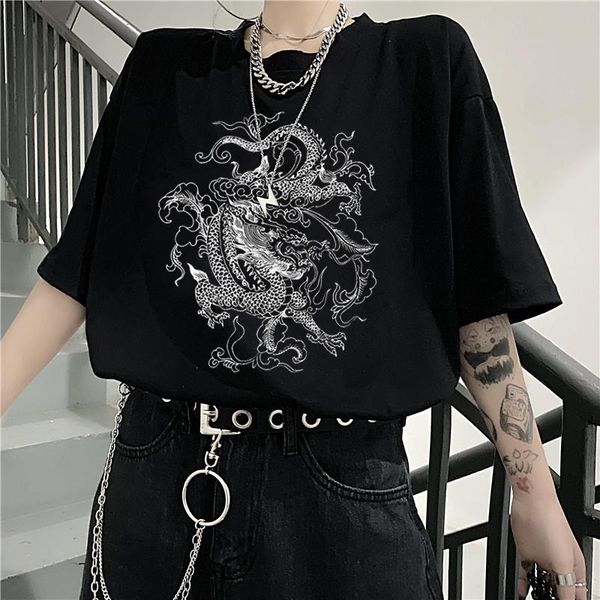 

women's t-shirt korean fun drop cute dragon punk gothic clothes short sleeve hip hop vintage print bar harajuku women tshirt, White