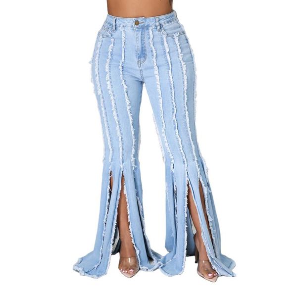 

women's jeans fashion women pants patchwork female trousers pockets tassel flare bottoms long denim, Blue