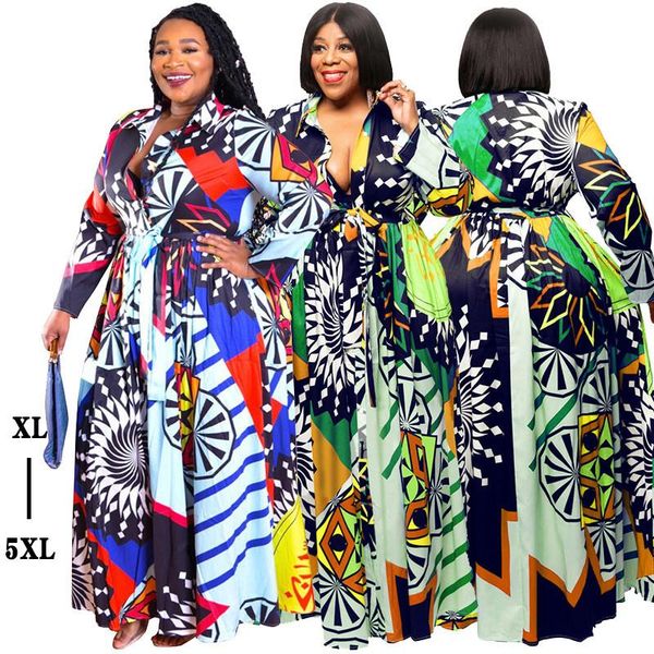 

casual dresses oversize xl-5xl digital print dress super long women evening party sleeve big v-neck a-line g816, Black;gray