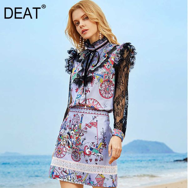 

[deat] spring summer lace long sleeve stand-up collar shirt printing skirts elegant women suit fashion 13c434 210527, White