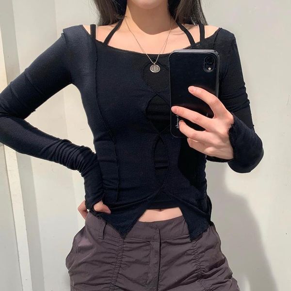 

women's t-shirt purple women long sleeve shirts 2021 hollow out slit hem autumn streetwear slim cotton ladies casual patchwork, White