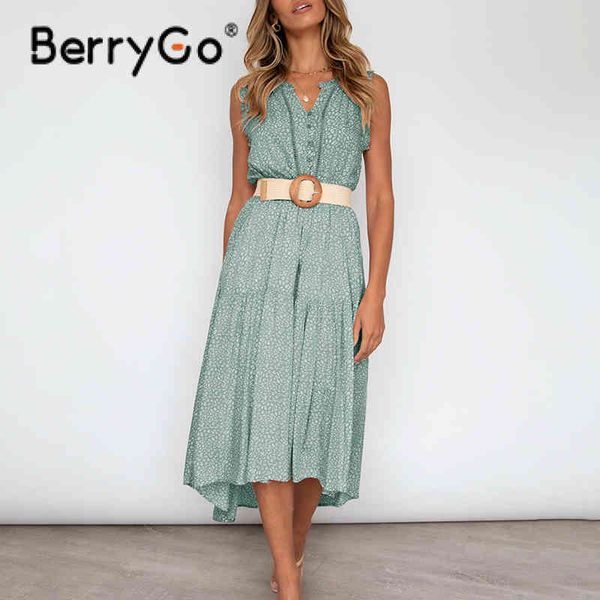 

berrygo summer high waist a-line beach sundress casual light green v-neck sleeveless boho dress chic polka dot print vestidos 210513, Black;gray