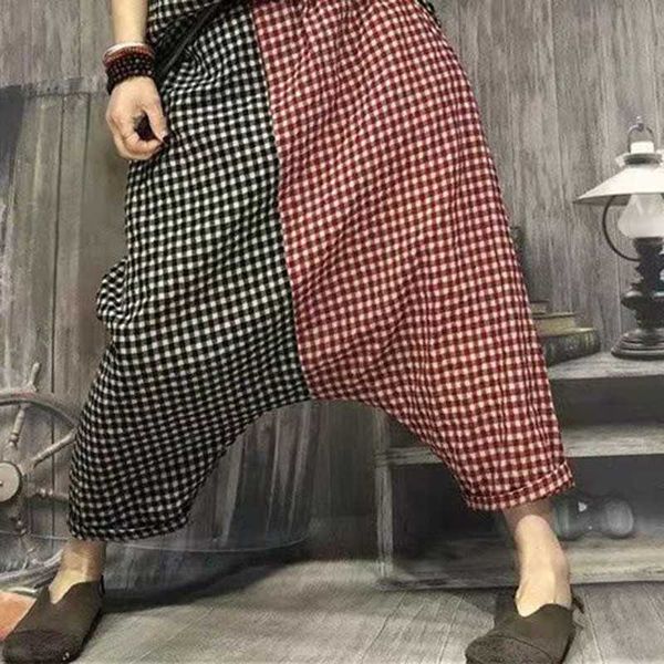 

women's pants & capris summer women casual loose elastic waist ankle-length high cotton linen plaid patchwork harem w331 fn4g, Black;white