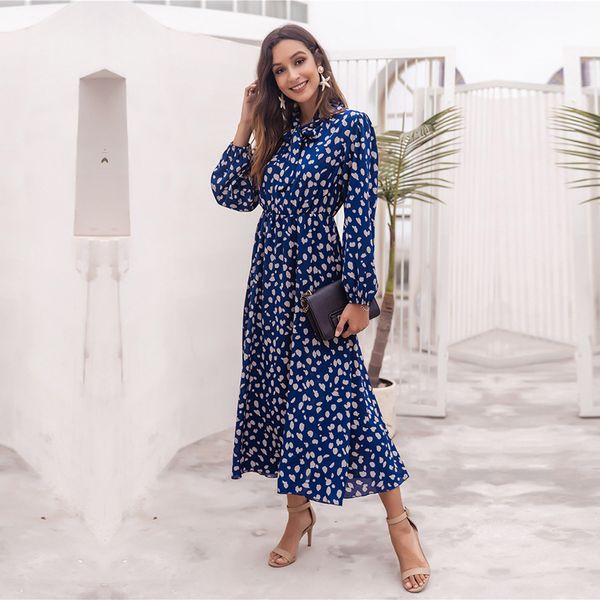 

women's bow collar sleeve casual long printed dresses ladies 2021 new spring summer fashion petal a line chic dress female, Black;gray