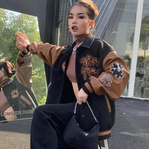 

women's jackets american retro street trend stitching oversized baseball uniform female couple heart-shaped letter embroidered jacket w, Black;brown