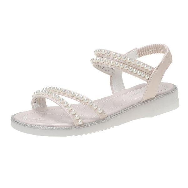 

sandals fashion women's simple and versatile shoe upper pearl embellishment elegant open-toed casual 2021, Black