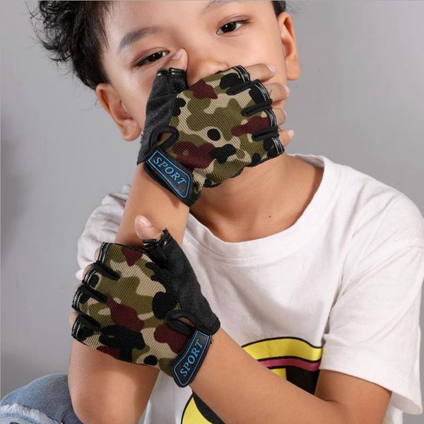 

cycling gloves children kid half finger camouflage bicycle elastic non-slip child bike outdoor accessories, Black