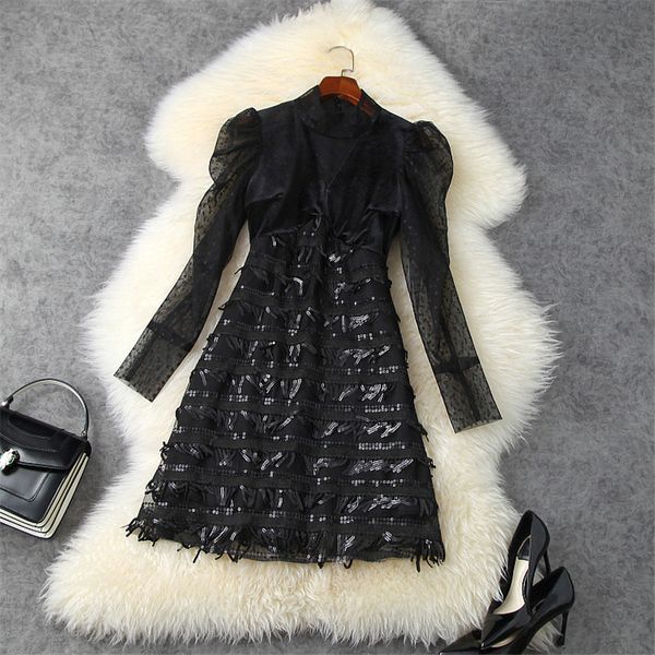 

spring runway designers puff knitted dress ladies velvet tassels mini cocktail party black femme bathrobe dresses, Black;gray