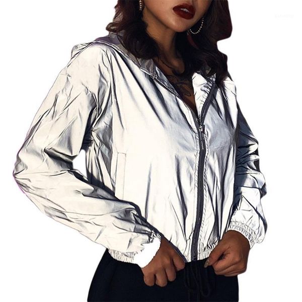 

women reflective long sleeve hoodie jacket zip up sweatshirt coat hiphop windbreaker night running shiny cropped outwear women's jacket, Black;brown