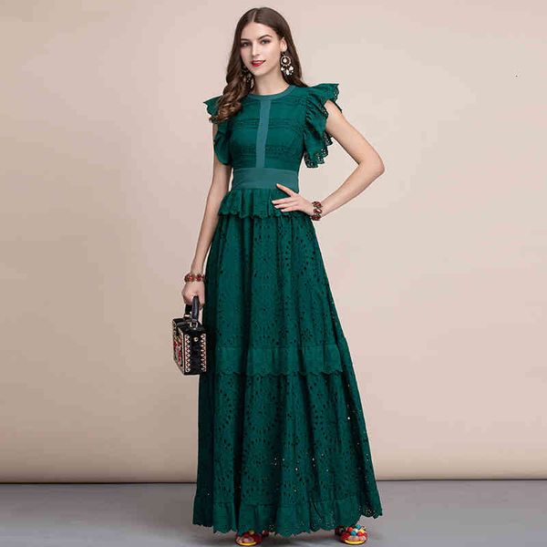 

green lace autumn elegant solid maxi long dress women's ruffles sleeve front self belted cotton formal party women dresses gown, Black;gray