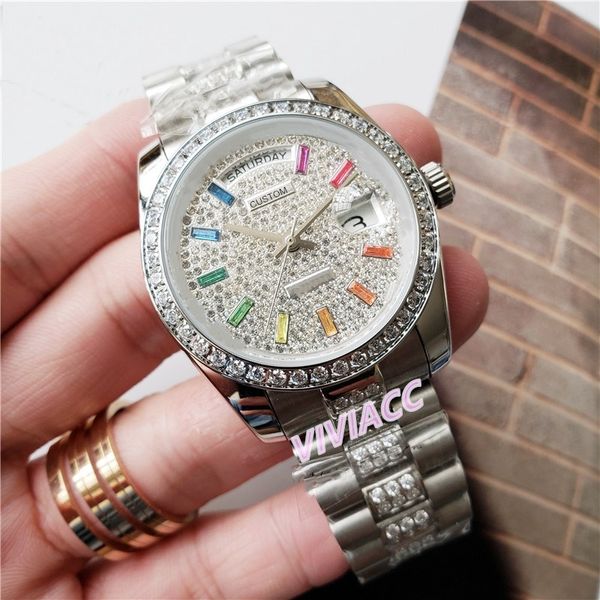 Moda Mulheres Mecânica Mecânica Full Ice Diamantes Assista Aço Inoxidável Multicolor Rainbow Gem Sport Calendário Assista 36mm