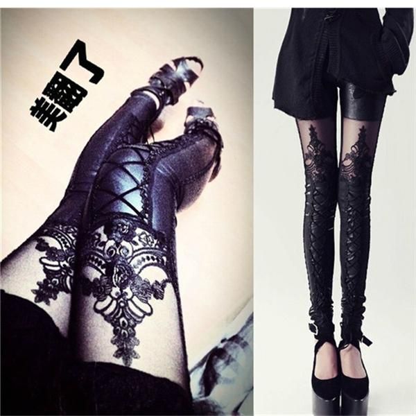 

bigsweety fashion women's pants ankle length faux leather stretchy thin trousers patchwork lace capris autumn &, Black;white