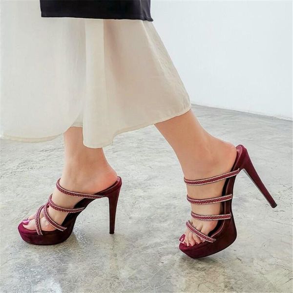 

slippers fashion stiletto round toe high heels rhinestone black wine red waterproof platform heel summer women