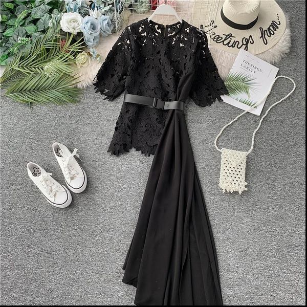 

women dress [ewq] summer round neck lace short sleeve hollow stitching chiffon irregular ladies casual holiday qv1509, Black;gray