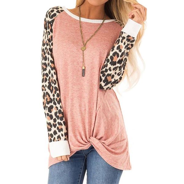 

women's t-shirt leopard print long sleeve t shirt women casual twist knot blusas round neck color block harajuku female tees d30, White