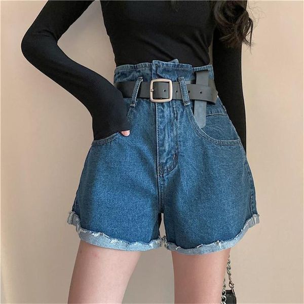 

women's jeans vintage shorts women high waist denim female wide legs loose pants design streetwear clothing oversize summer 2021, Blue