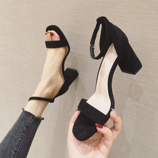 

0751 summer thick heel square head high heels, versatile korean suede open toe one-way belt sandals women's sho, Black