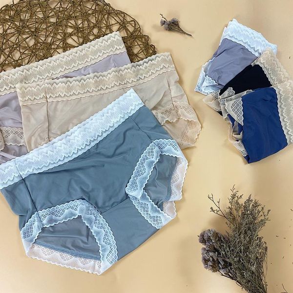 

women's panties quick-drying imitation silk lace edge french ice mid-waist comfortable ladies underwear feeling briefs, Black;pink