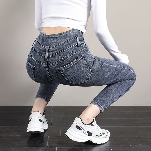 

jeans spring 2021 high waist leggings women slim stretch tight pencil pants, Blue
