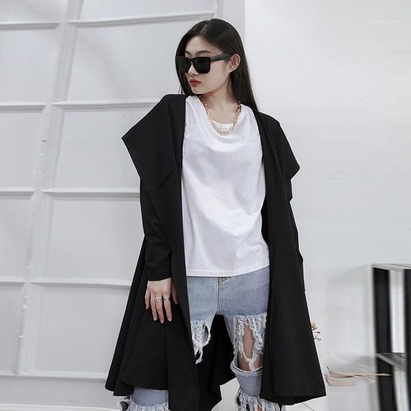 

women's trench coats fashion big dark yamamoto turtleneck hooded loose mid-length coat female black dress style, Tan;black